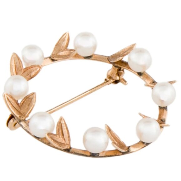 27 MM Gold Brooch Mistletoe 4 gr 14K Solid Gold Ring Real Pearl cca 1955 ANTIQUE - Picture 4 of 12